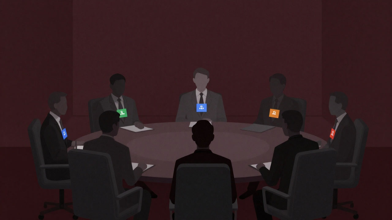 会議室の暗がりで、派閥ごとに色分けされた名札を手にした人物たちが円卓を囲むイラスト