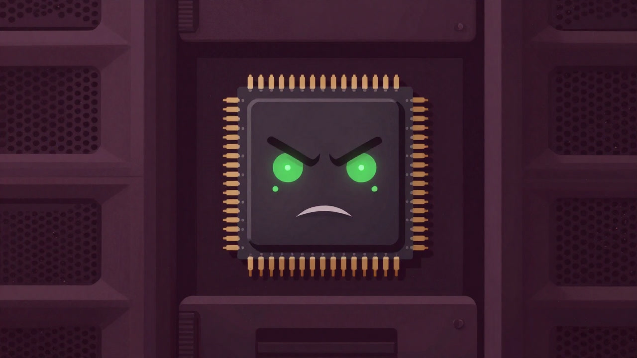 Close-up of a non-volatile memory chip in a dim server rack, its green LEDs flickering as if it has a will of its own