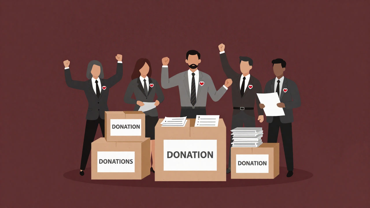 寄付箱を手にし胸にハートマークを付けたNGOスタッフがビジネスプレゼンをする様子のイラスト