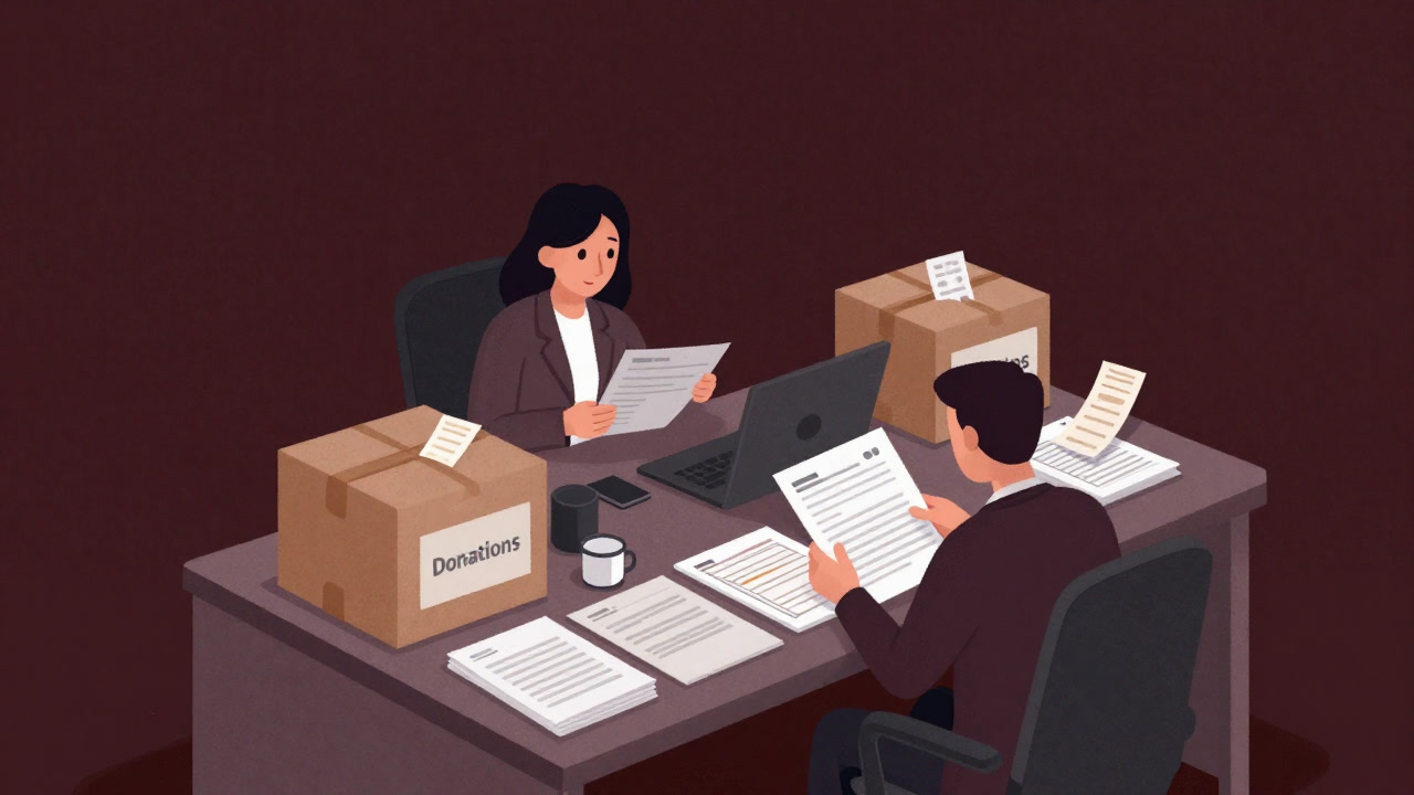 寄付箱とファイルに埋もれたデスクの前で、笑顔で資料をまとめるスタッフのシルエット