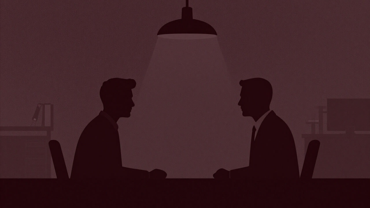 商談テーブルを挟んで無言で見つめ合う二人のシルエット。