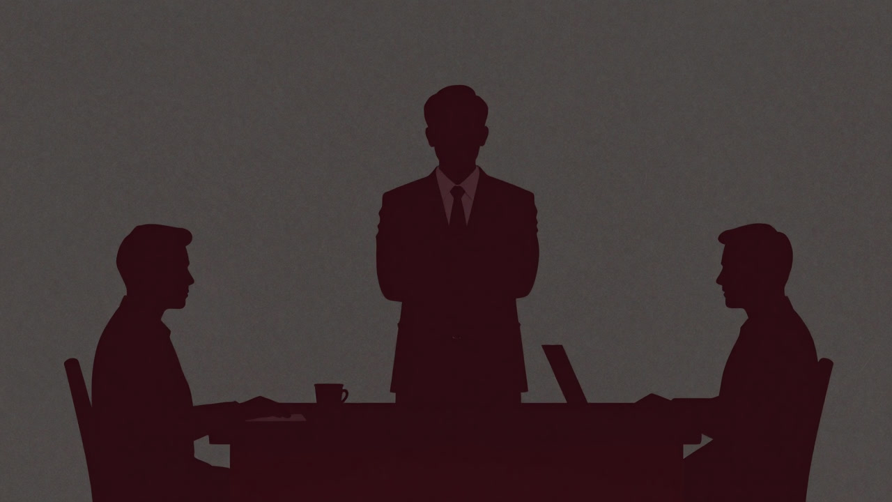 会議室で微妙に腕を組み、眉をひそめるサラリーマンのシルエット