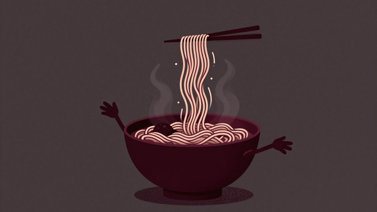 Illustration of a heap of noodles rising in steam, eliciting hunger