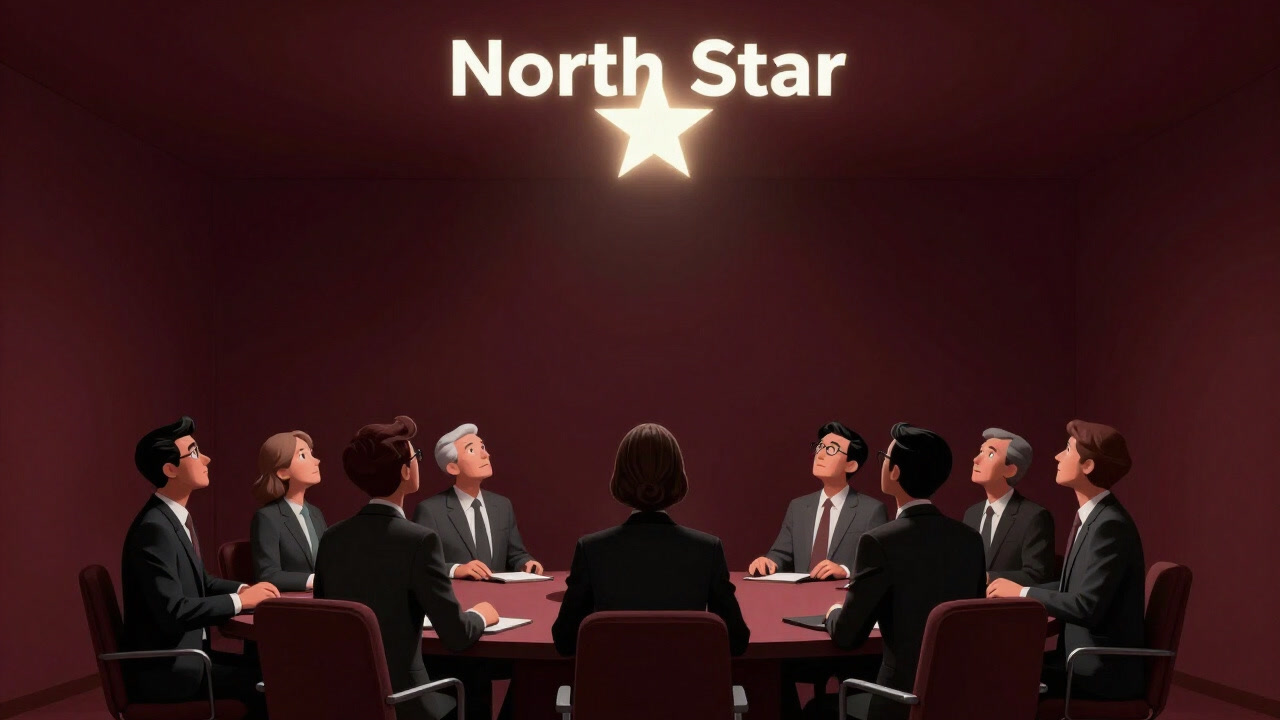 会議室の天井に輝く架空の星を見上げるビジネスマンたちのイラスト