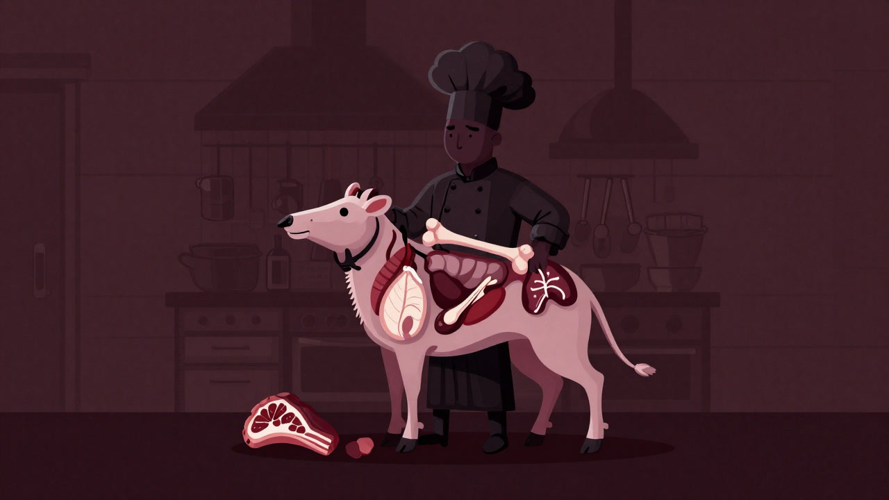 カットされずに骨も内臓もまとめて並べられた料理素材の山