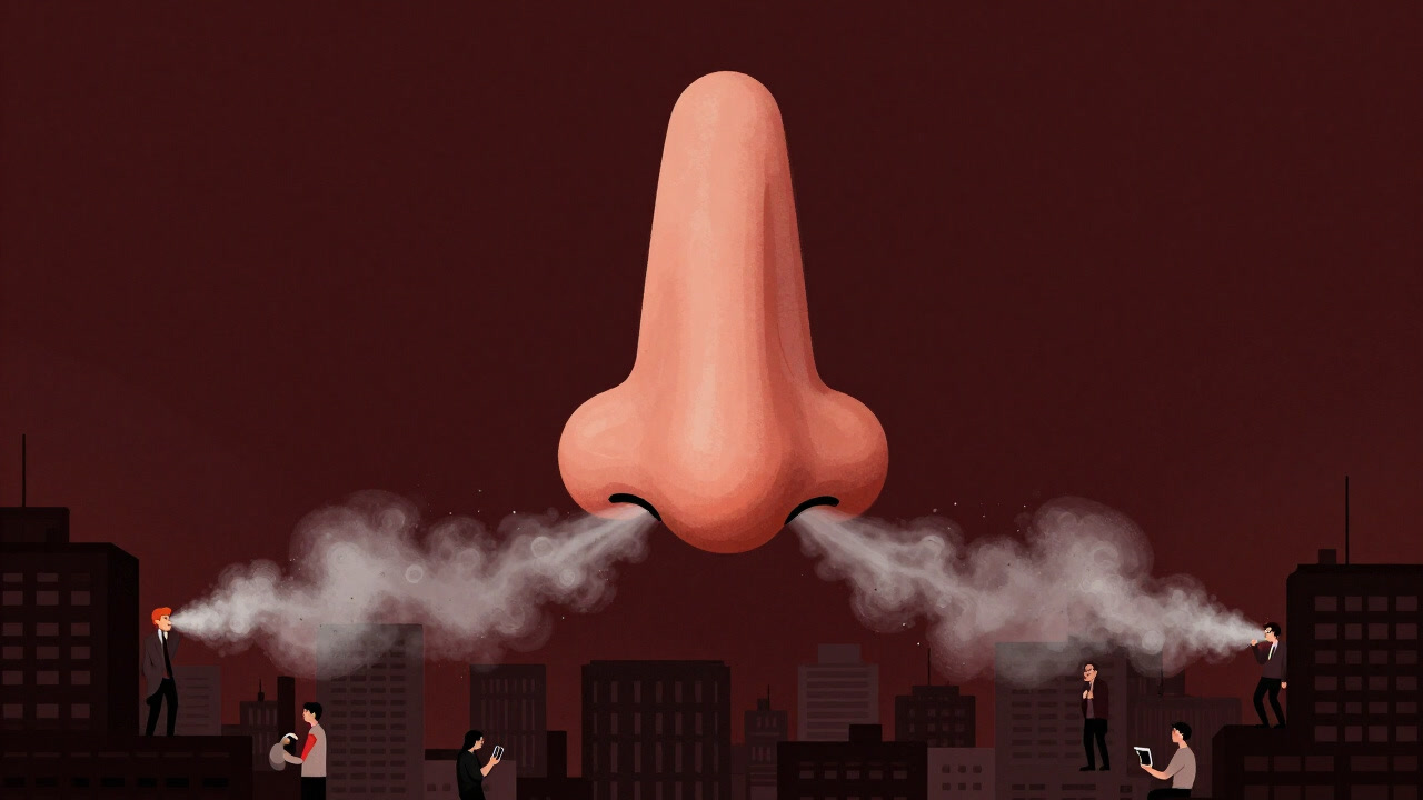 巨大な鼻が街を支配し、人々がその香りに翻弄される風刺画