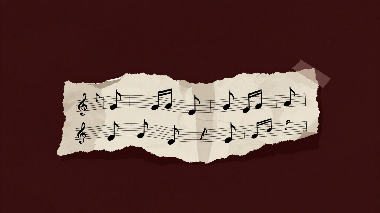 Illustration of a chaotic dance of notes and staves on paper