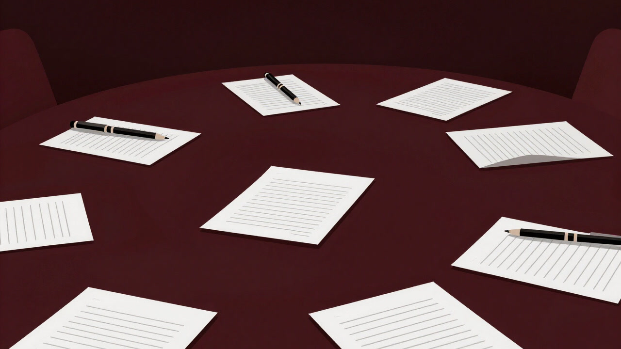 Image of scattered handwritten notes and pens on a meeting table