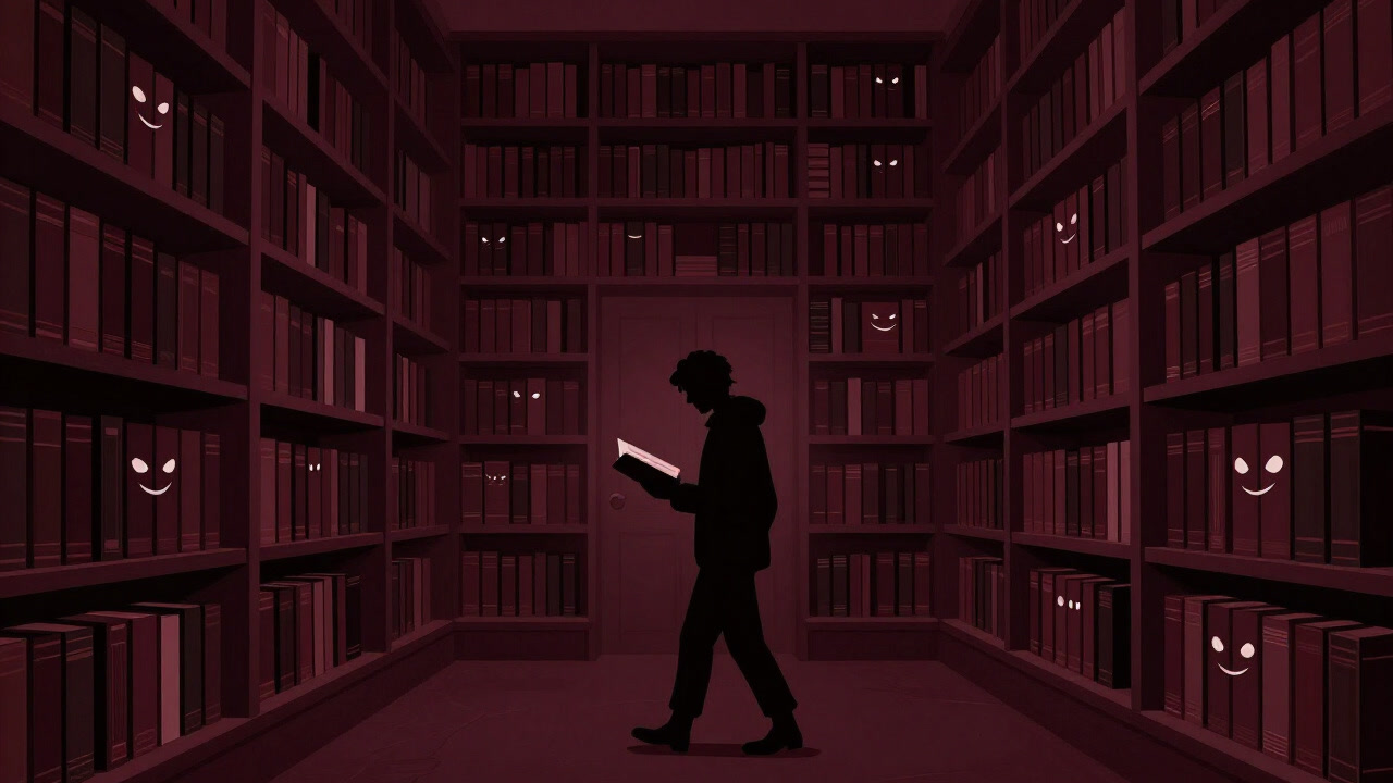 活字の迷宮に迷い込んだ探検家のようにあたりを見回す読者のシルエットと、無言で微笑む本棚の小説群のイラスト