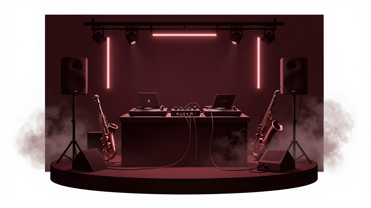Image of a dimly lit club DJ booth featuring turntables and a laptop, cables illuminated by colored lights as devices keep the beat.