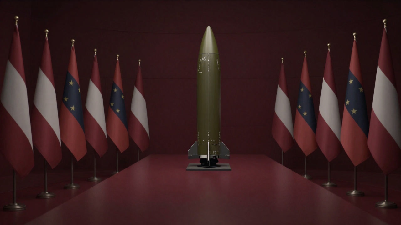 Illustration of a dark war room with various national flags and a central table surrounded by a giant nuclear missile model