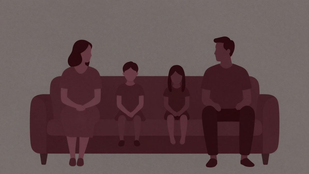 Image of parents and children sitting apart in a white-walled living room