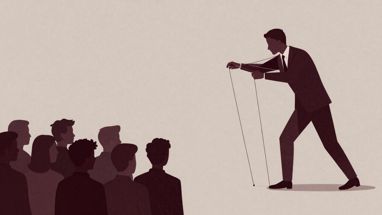 Silhouette of a human gently nudged from behind by a thread