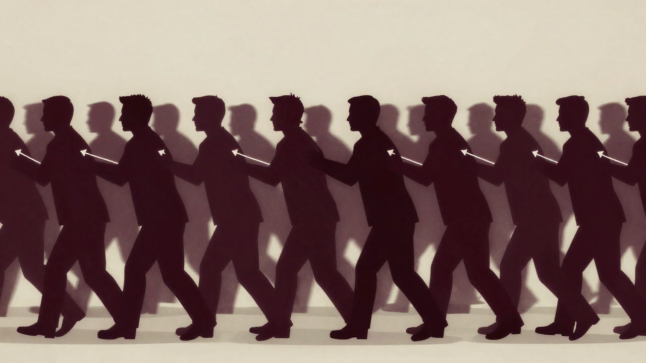 Silhouettes of numerous people being gently pushed on the back by thin arrows