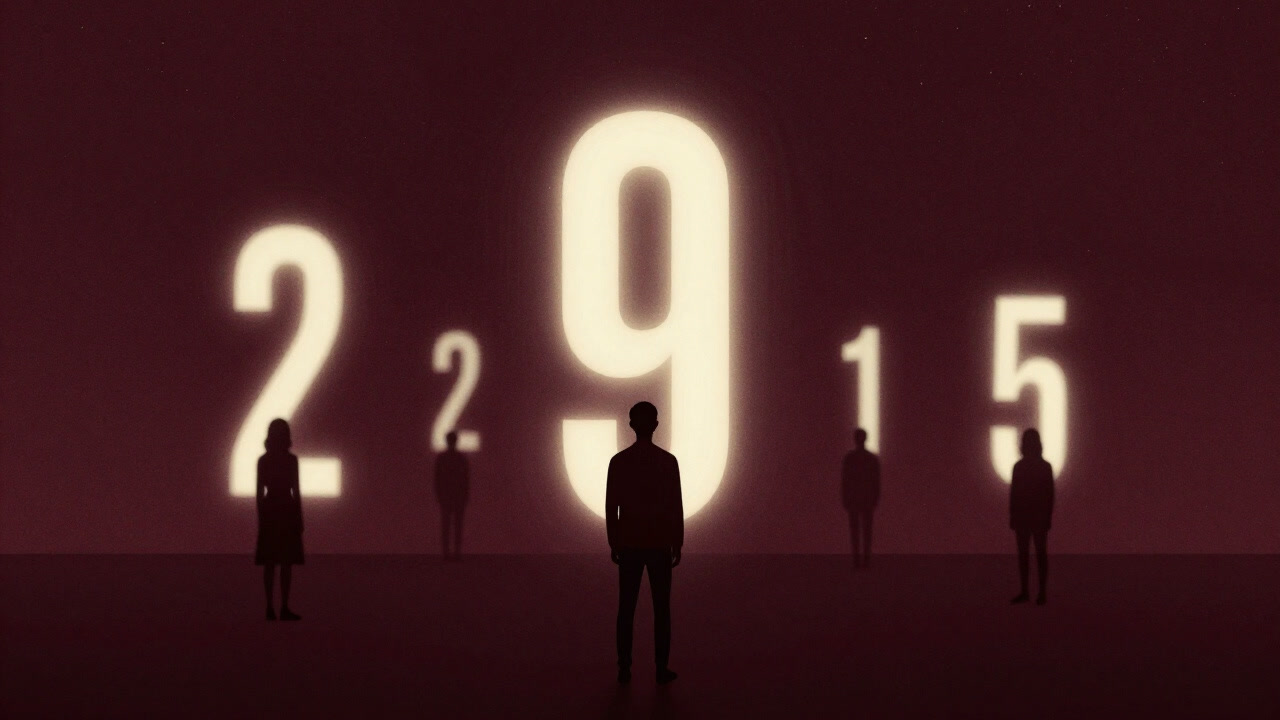 Silhouettes of people gazing in awe at giant glowing numbers floating against a night sky.