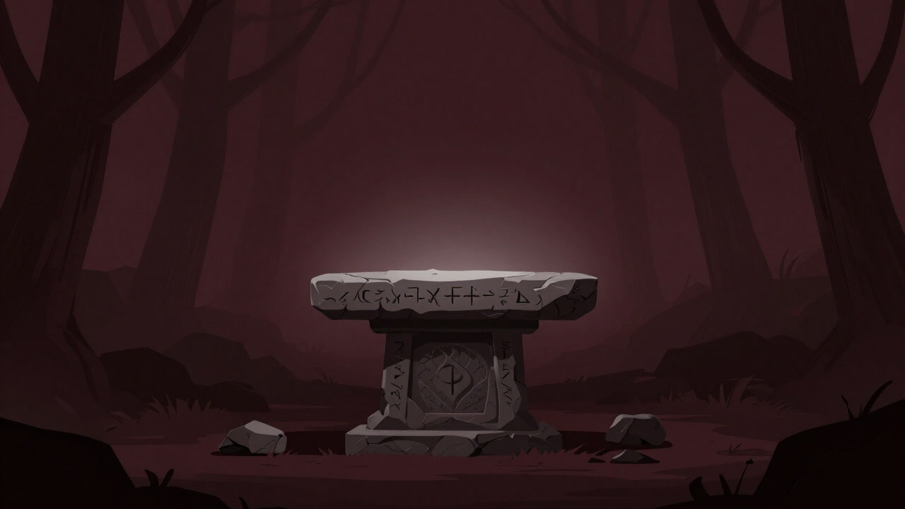 Image of an old stone altar shrouded in mist, standing quietly in a dim forest