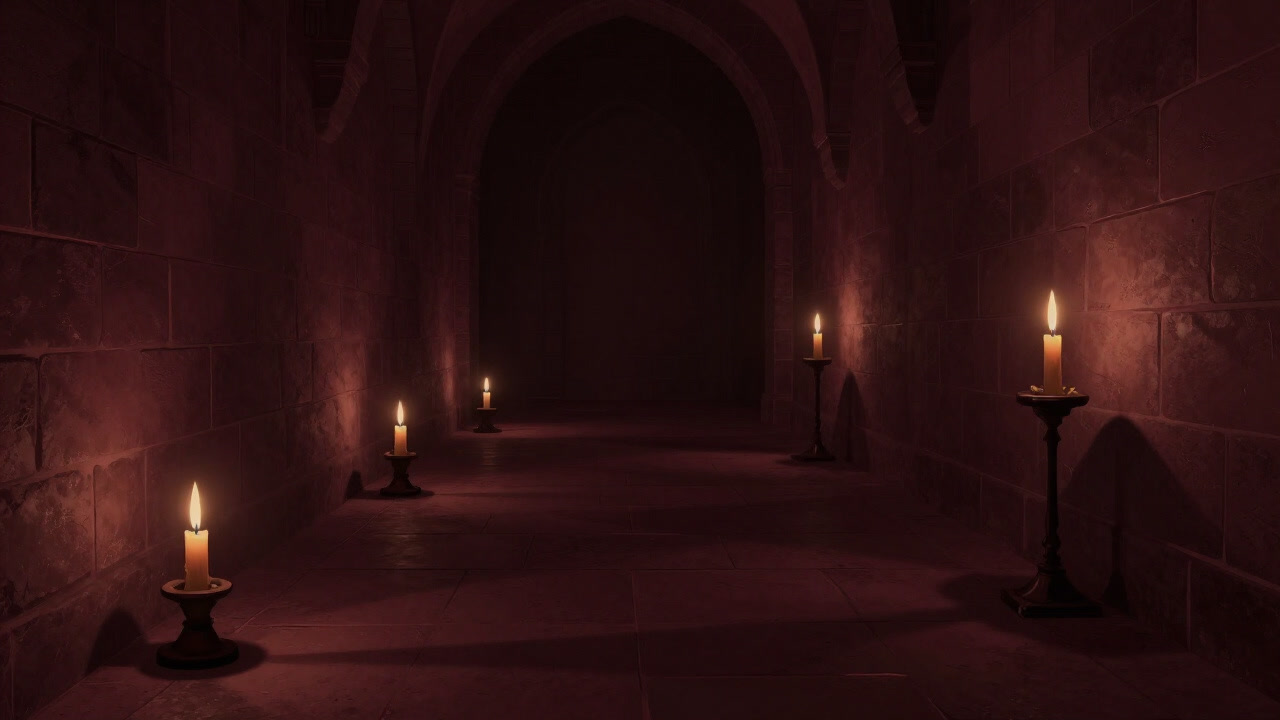 A dimly lit chapel hallway where flickering candlelight casts mysterious shadows on ancient stone walls.