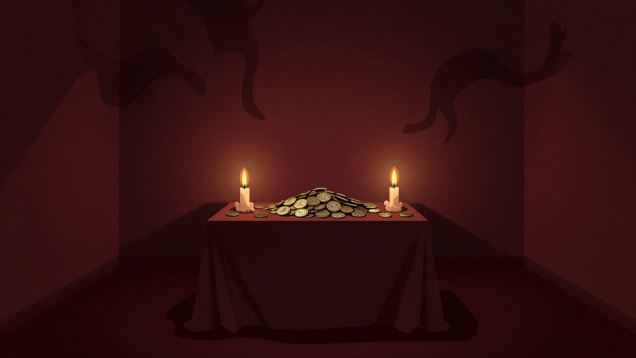 Image of coins arranged on an altar in a dimly lit room with candle flames flickering