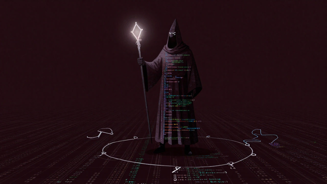 Illustration symbolizing a Python array library like a sorcerer drowning in a sea of code wielding countless ndarrays