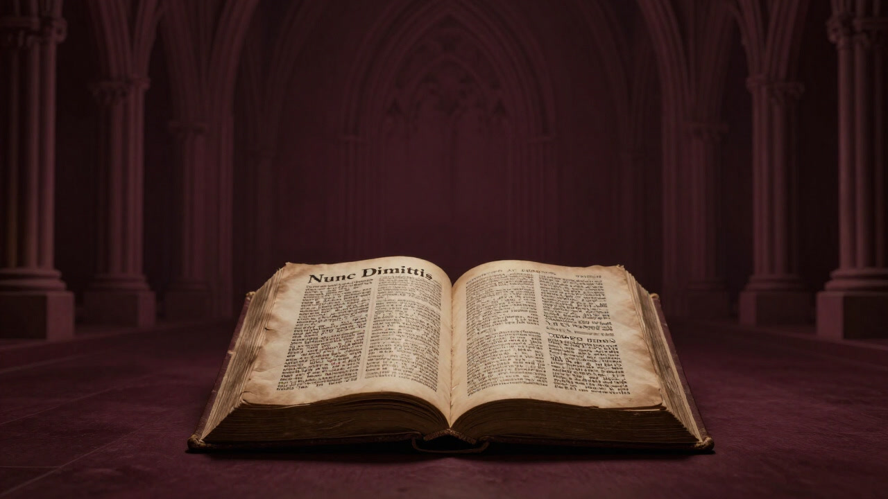 夕暮れの礼拝堂で淡いキャンドルの光に照らされる古びた聖書とともにある祈祷書の扉に刻まれた「Nunc Dimittis」の文字