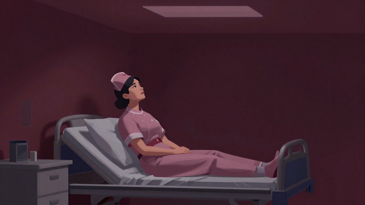 夜中の病室で眠れずに付き添う看護師が 疲れた姿勢で天井を見つめる様子