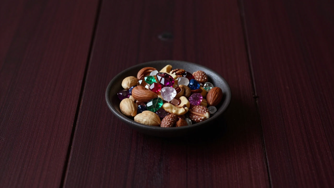 A small dish piled high with colorful nuts, glistening like jewels.