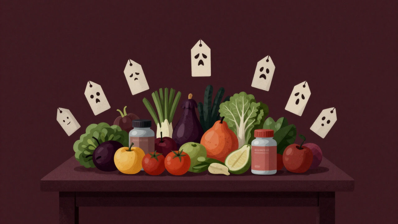 山盛りの果物、野菜、サプリメントが並ぶ食卓に、幽霊のような値札と罪悪感の表情が浮かぶ風刺的なイラスト