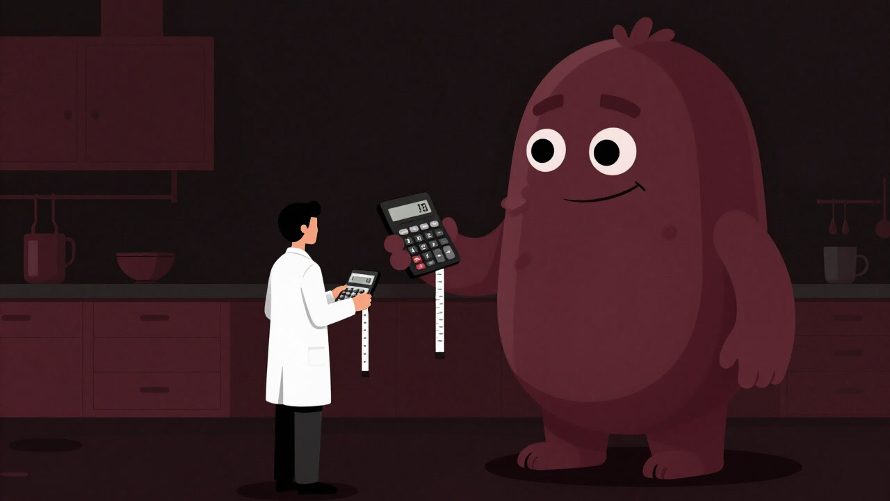 Illustration of a nutritionist silently facing off against calories, calmly offering a measuring tape.