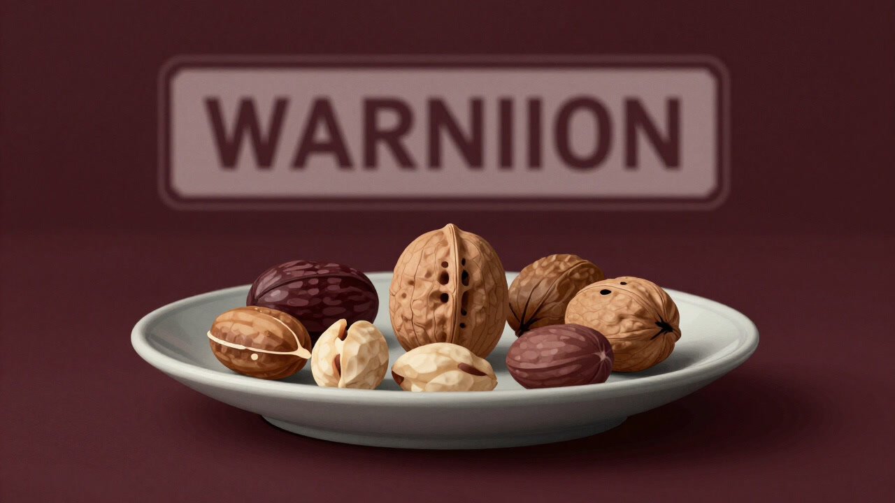 An elegant arrangement of colorful nuts on a plate, with an allergy warning lurking in the shadows.