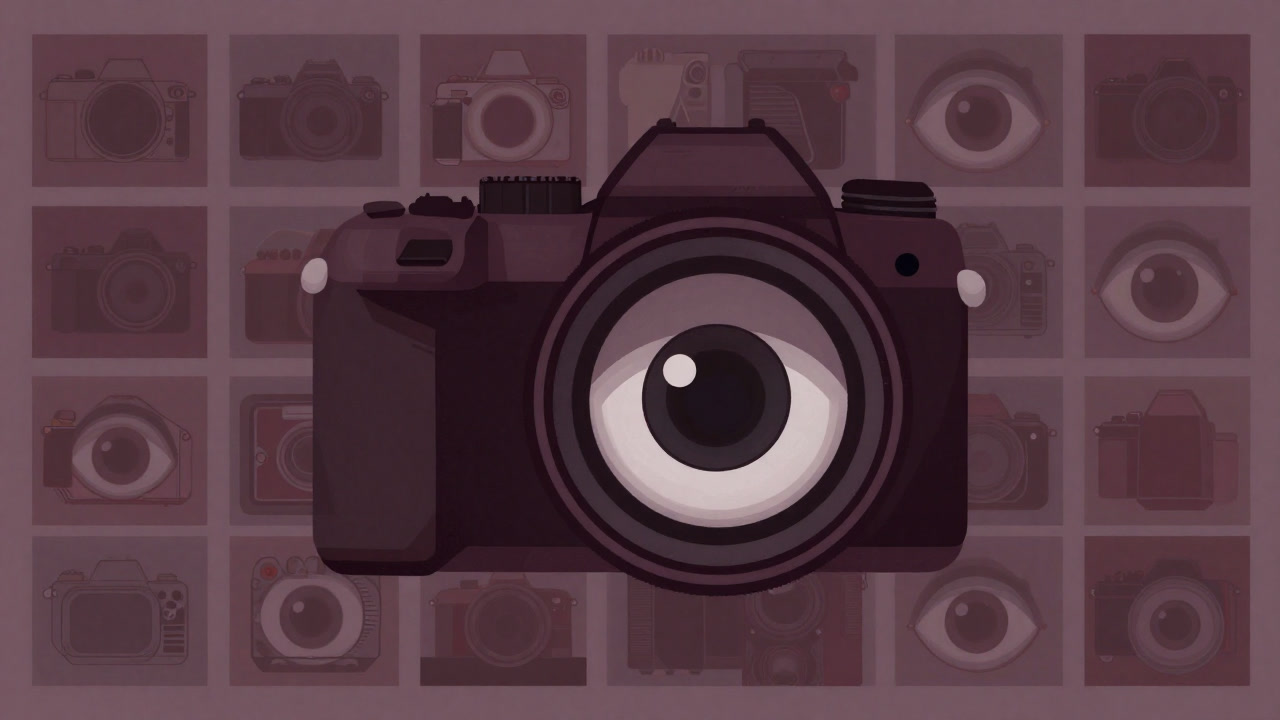 Illustration of a camera lens morphing into an angry eye scanning objects across a grid of images