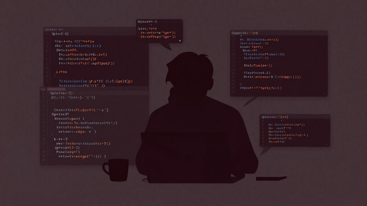 混沌としたコードが絡み合い、頭を抱えるプログラマのシルエット