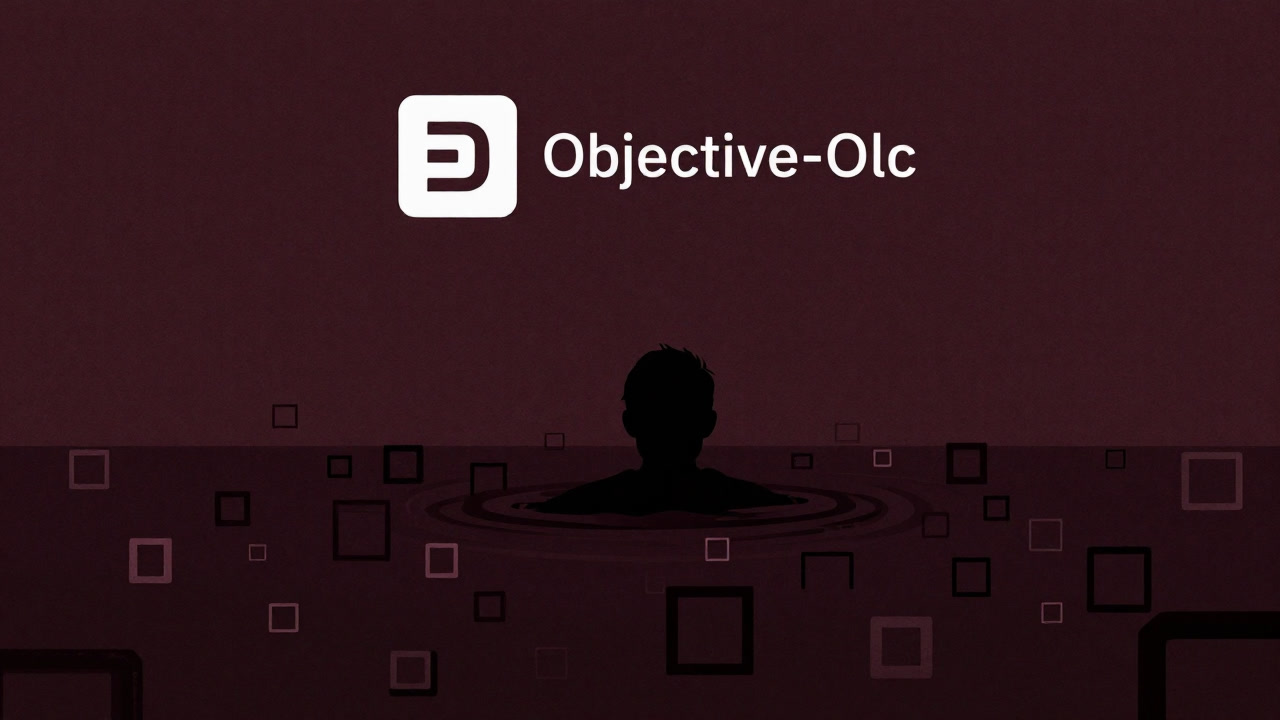 An image combining a silhouette of a developer surrounded by brackets staring blankly with the Objective-C logo