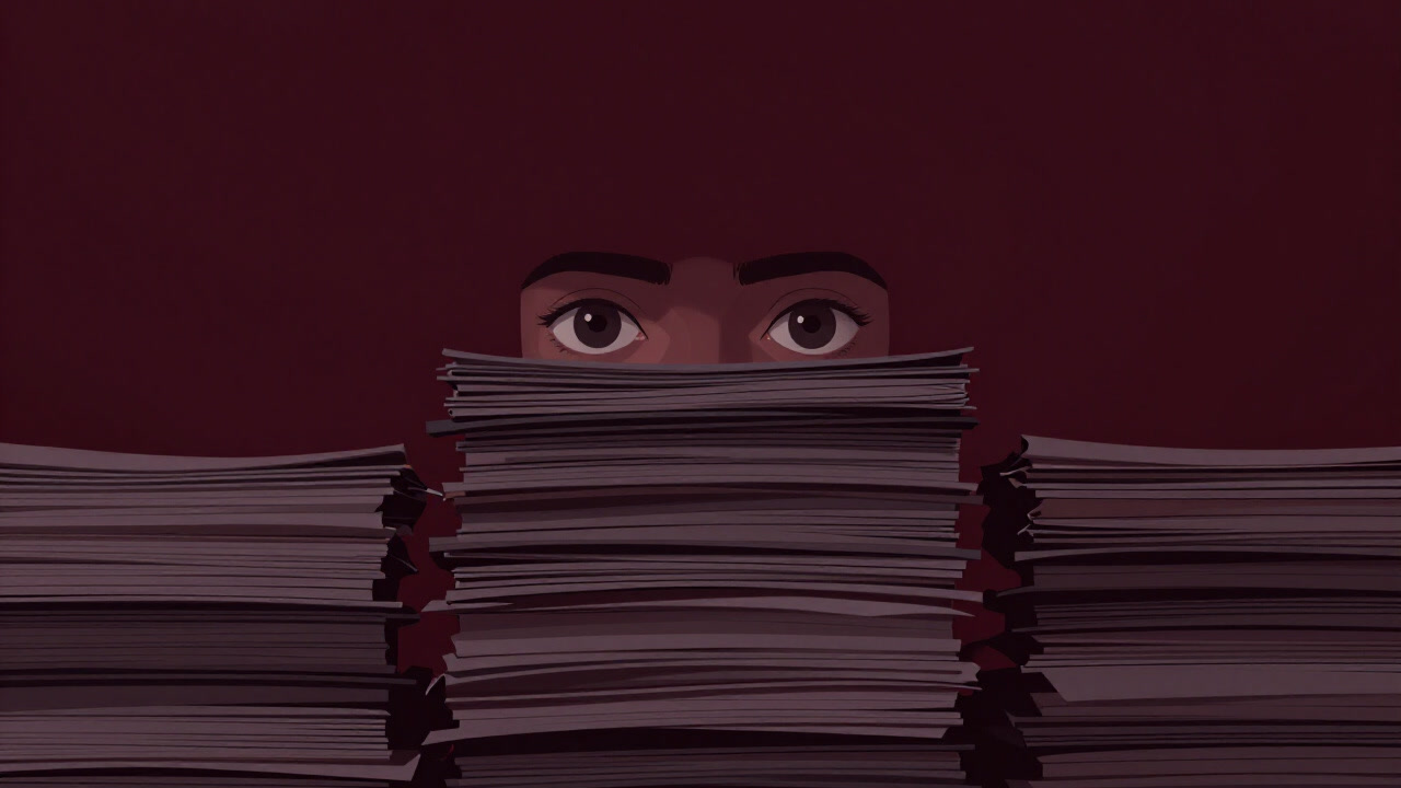 An illustration of disembodied eyes sending icy stares from behind a pile of documents