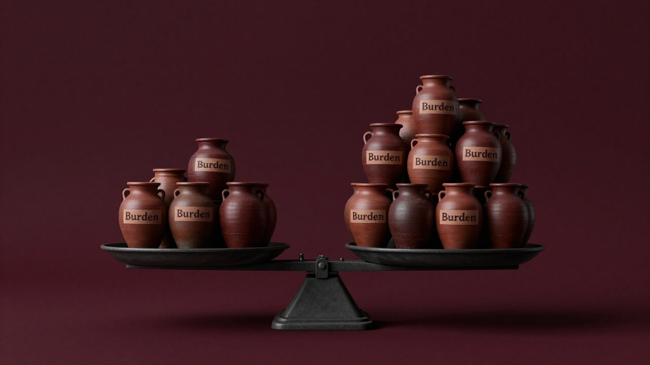 巨大な天秤の片方に『負担』と書かれた鉢が山のように積まれている画像