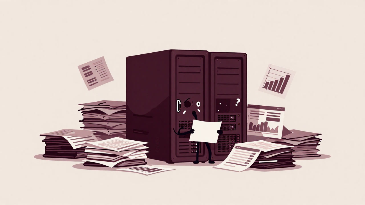 Illustration of a server buried under countless graphs and logs, becoming the subject of observation