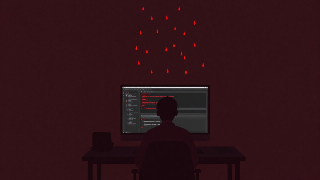Programmer staring at a dark editor screen filled with falling red type errors