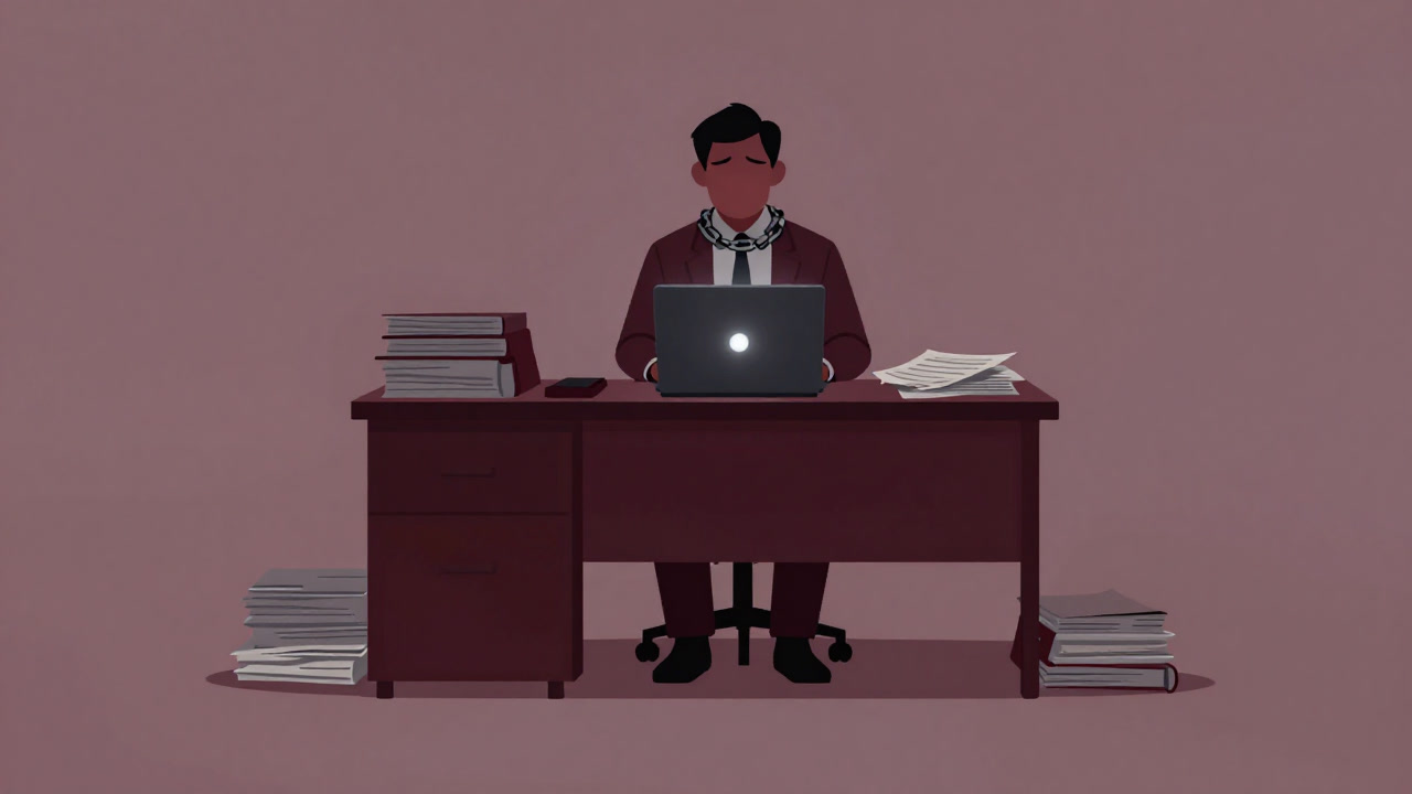 書類とパソコンに追われ、虚ろな表情でデスクにしがみつくビジネスマンのシルエット画像