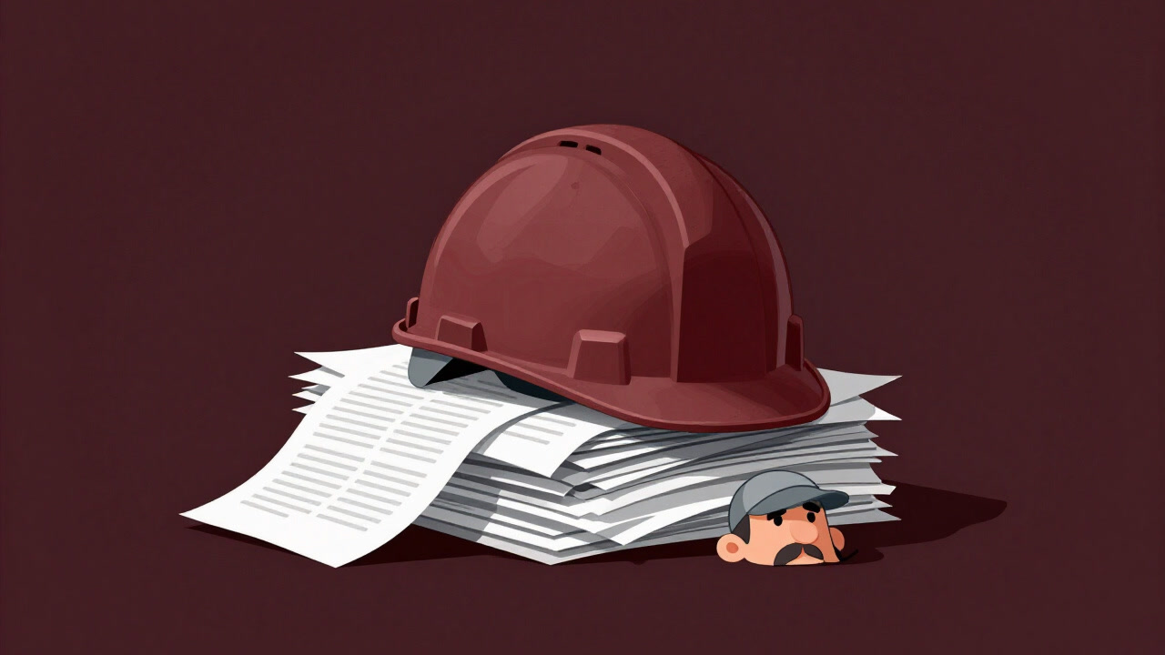 An illustration of a helmet buried under a pile of paperwork, watching over a hollow-eyed employee.