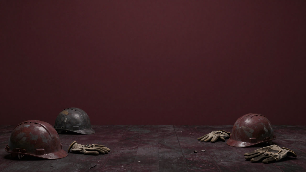 工場の床に散らばるヘルメットと手袋が、誰も使わない装飾品のようにひっそりと佇む写真