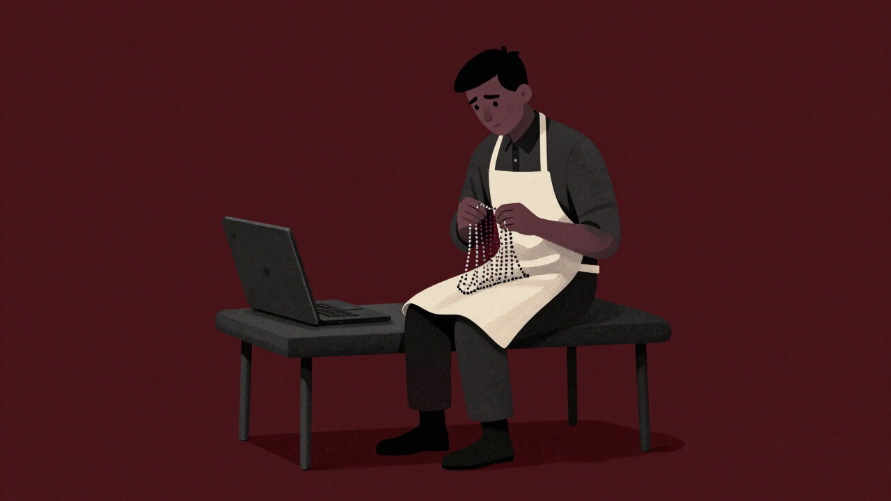 エプロン姿の患者がリハビリ用のビーズ作業に苦戦しているイラスト