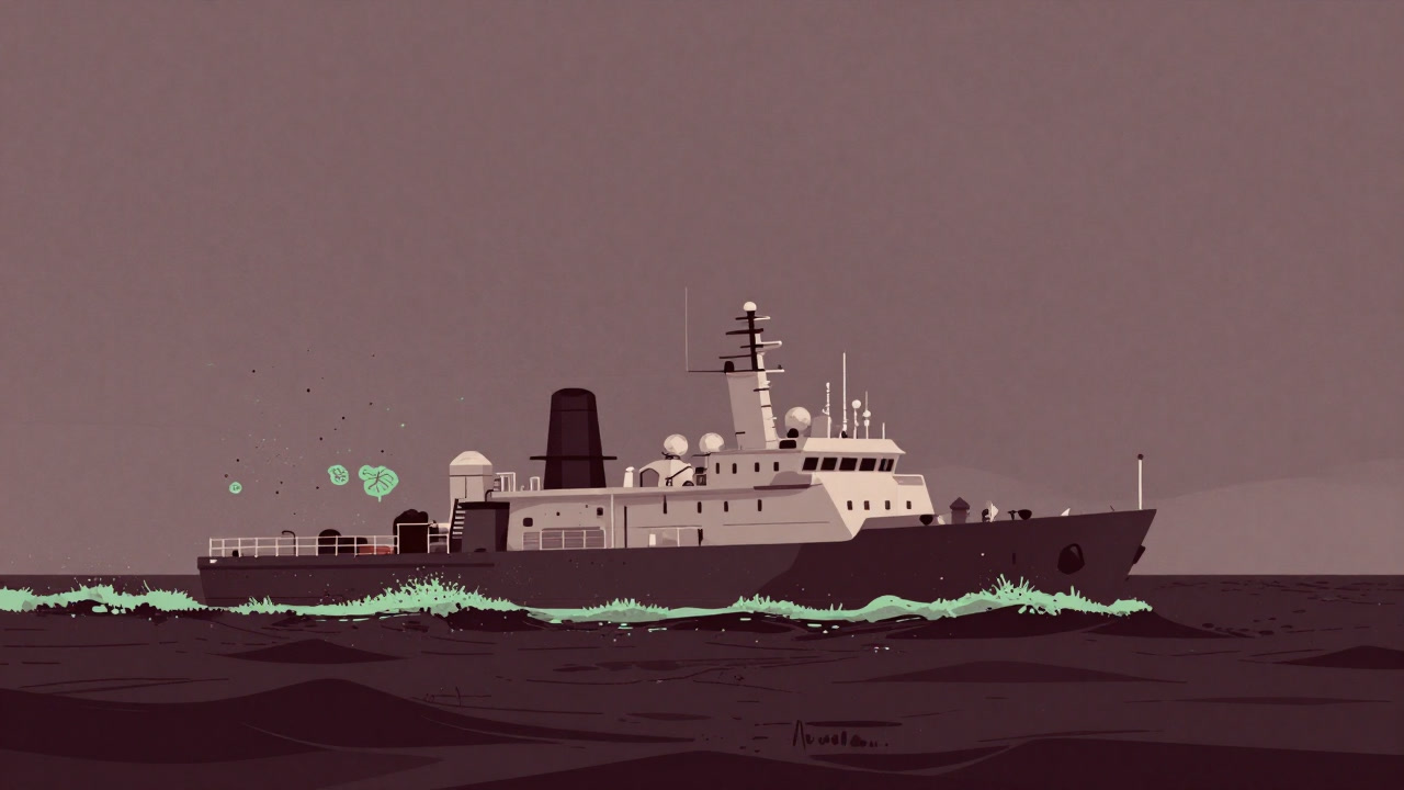 Illustration of a research ship scattering iron powder across a frothy ocean surface