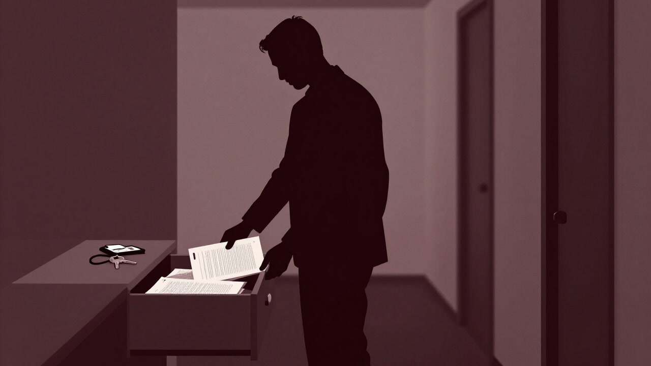 Silhouette of a person packing documents into a drawer and walking away from the office with heavy steps.
