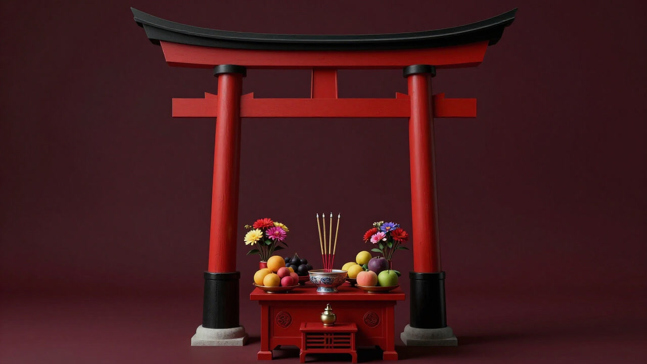 Photo of a household altar piled with fruits and flowers in front of a vermilion torii gate.