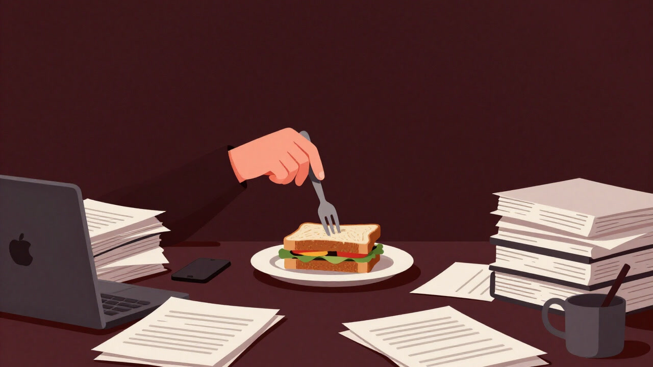 書類に囲まれたデスクの片隅で、フォークを持つ手だけが忙しく動く様子