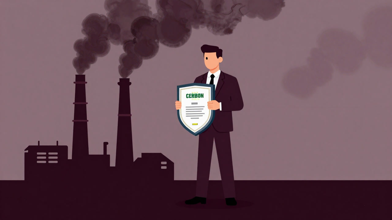 Illustration of a corporate employee using a carbon offset certificate as a shield to push back factory smoke