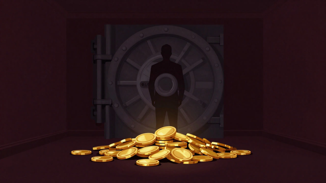 金庫室の奥深くでひっそり輝く金貨の山を背後に、影に隠れた銀行員のシルエットが佇む幻想的なイラスト
