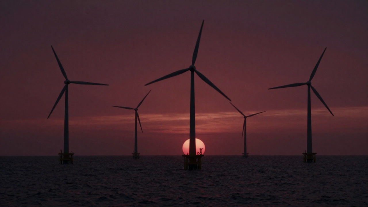 Photo of offshore wind turbines silhouetted eerily by a sunset at sea