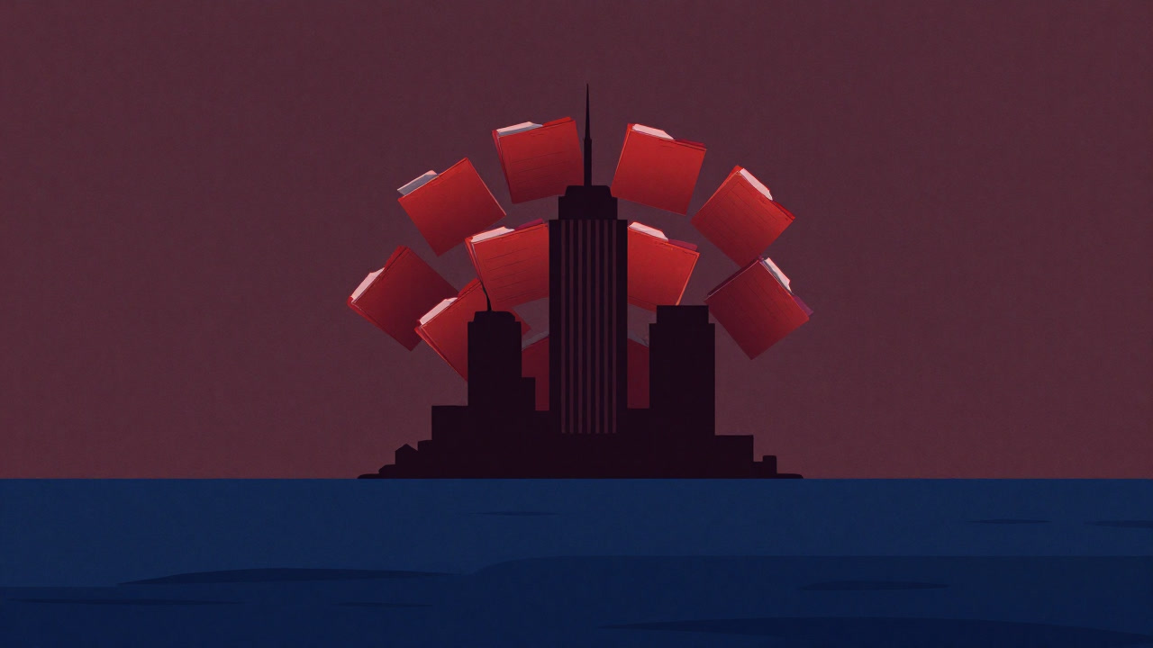 Silhouette of corporate buildings across a blue ocean, behind them mounting stacks of blood-red documents