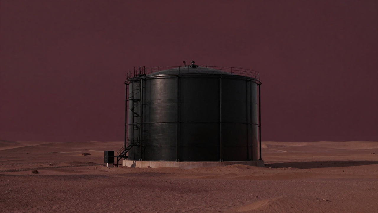 An image of a lone black oil tank standing in a vast desert, evoking emptiness and irony.