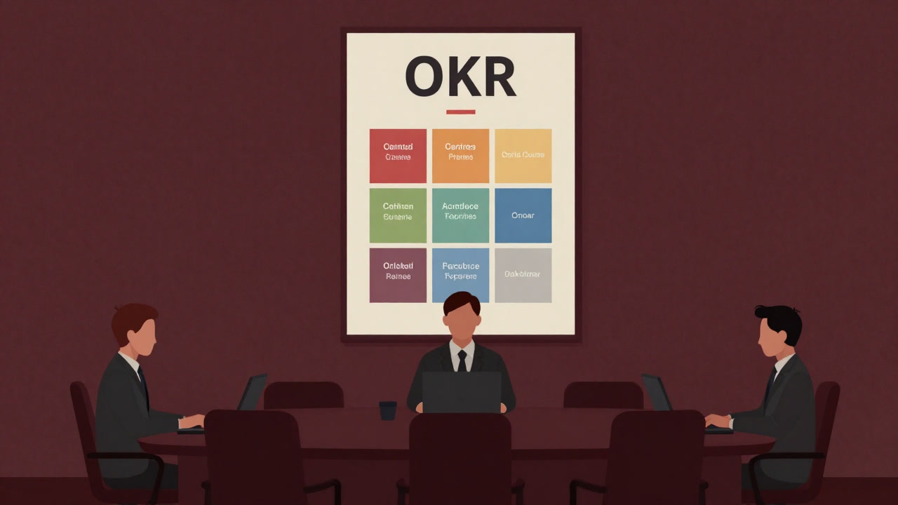 会議室の壁に大きく貼られたOKRシートの前で無表情にキーボードを叩く社員たちのイラスト